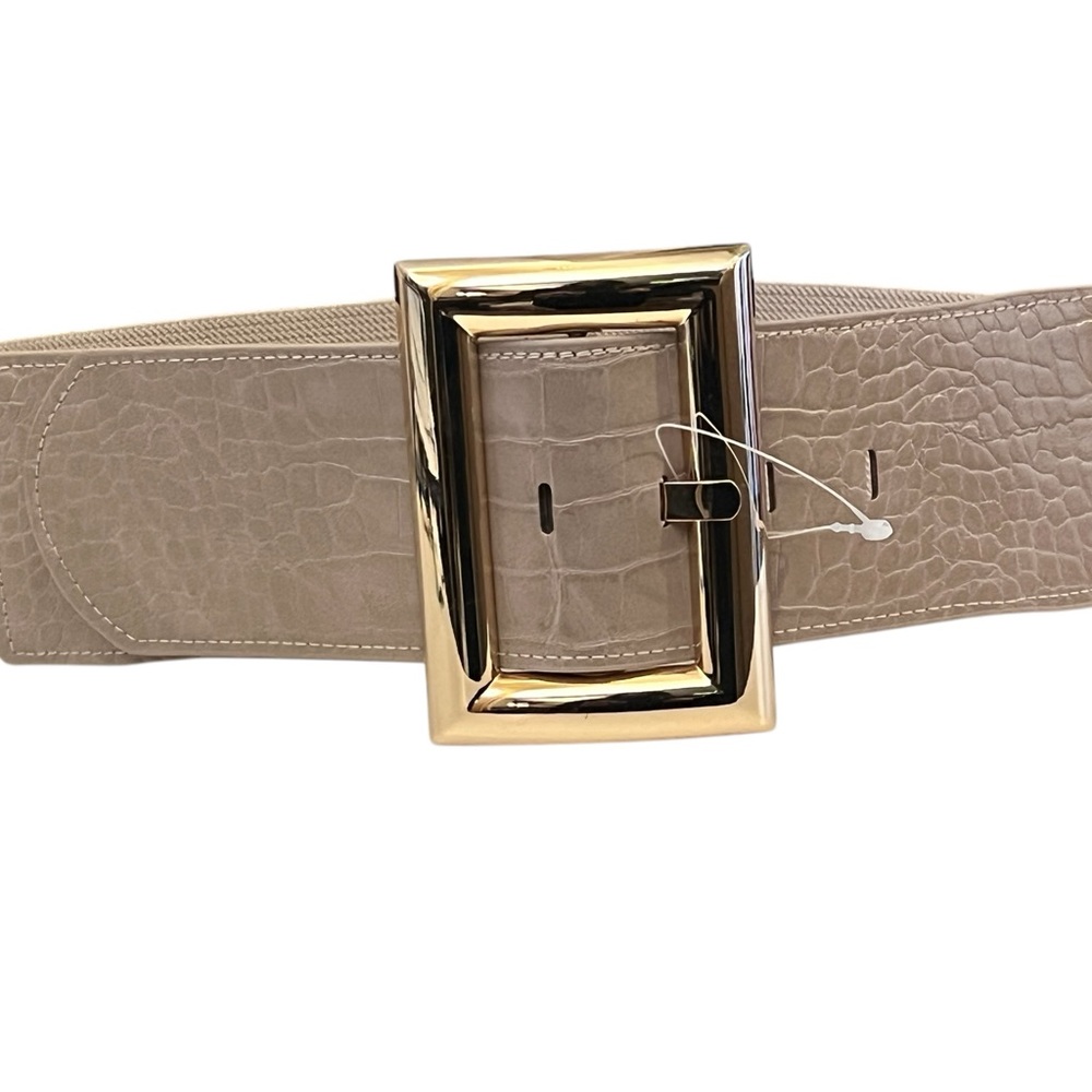 Beige Wide Belt with Gold Buckle Women’s